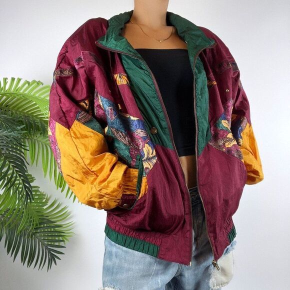 Vintage 80s 90s Red Floral Patchwork Bohemian Retro Windbreaker Jacket / Large - Picture 1 of 6